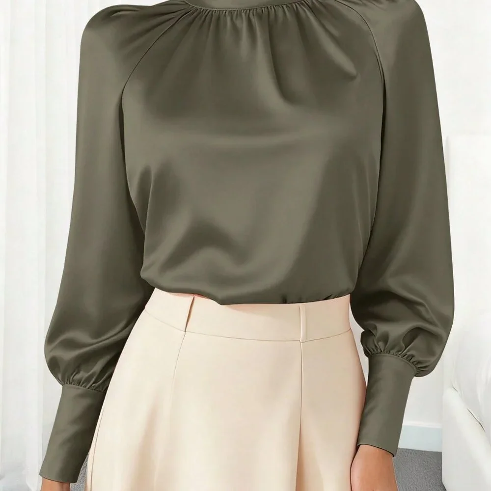 green Elegant Women's Stand Collar Lantern Sleeve Blouse_2